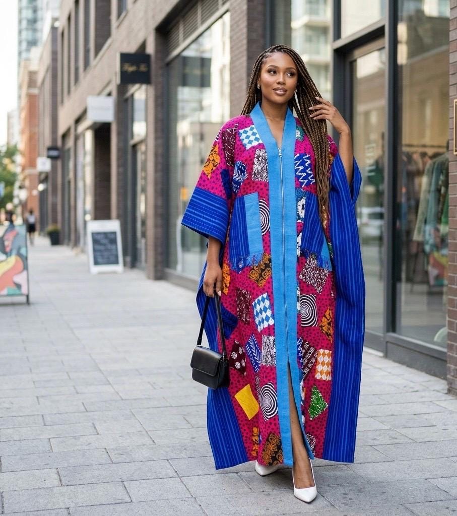 Handmade Ankara Brocade Kaftan Dress | African Print Boubou with Headtie