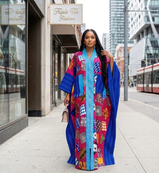 Handmade Ankara Brocade Kaftan Dress | African Print Boubou with Headtie