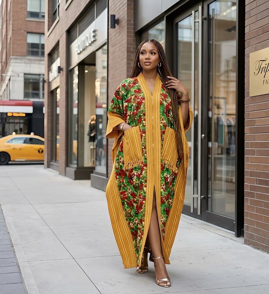 Handmade Ankara Brocade Kaftan Dress | African Print Boubou with Headtie