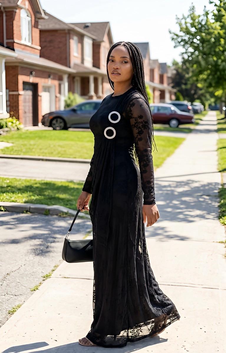 Elegant Black Mesh Maxi Dress with Draped Overlay | Long Sleeve Formal Evening Gown | Modest Wedding Guest Dress | Special Occasion Dress
