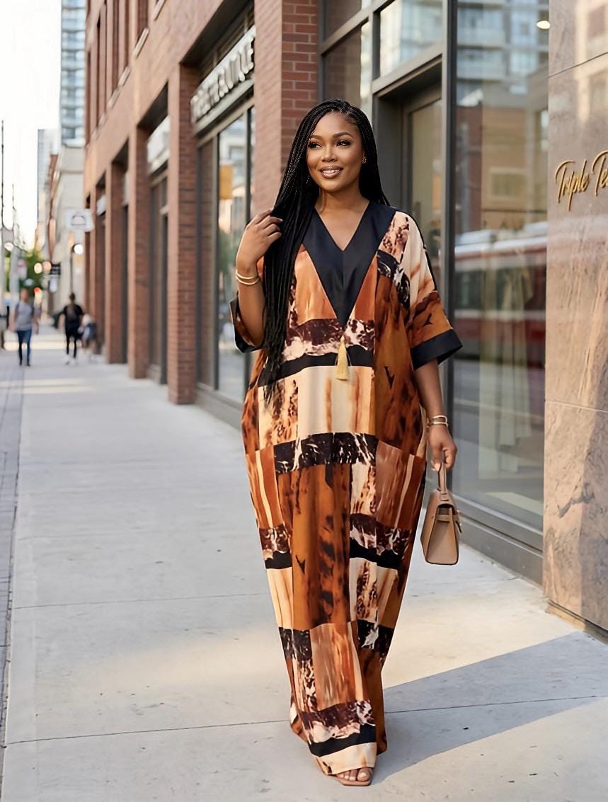 African Print Crepe Kaftan Dress | Nigerian Boubou, Plus Size