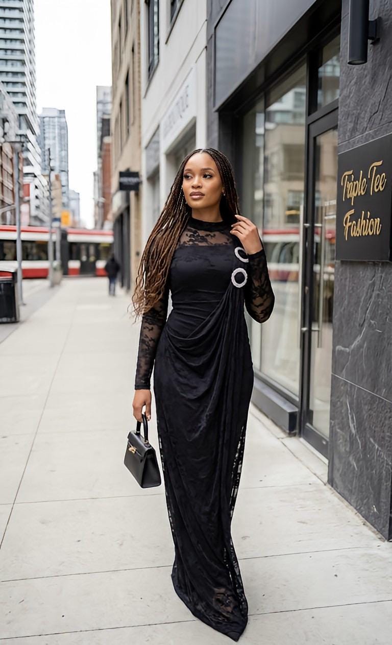 Elegant Black Mesh Maxi Dress with Draped Overlay | Long Sleeve Formal Evening Gown | Modest Wedding Guest Dress | Special Occasion Dress