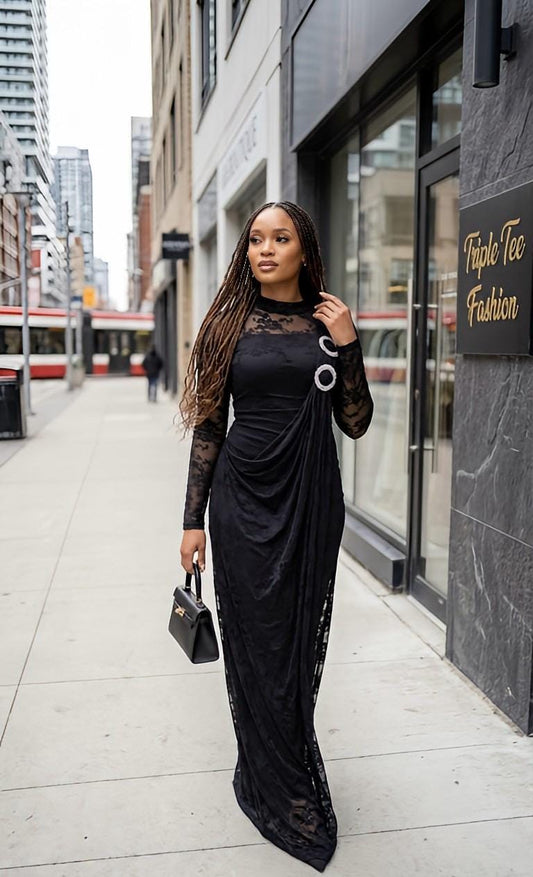 Elegant Black Mesh Maxi Dress with Draped Overlay | Long Sleeve Formal Evening Gown | Modest Wedding Guest Dress | Special Occasion Dress