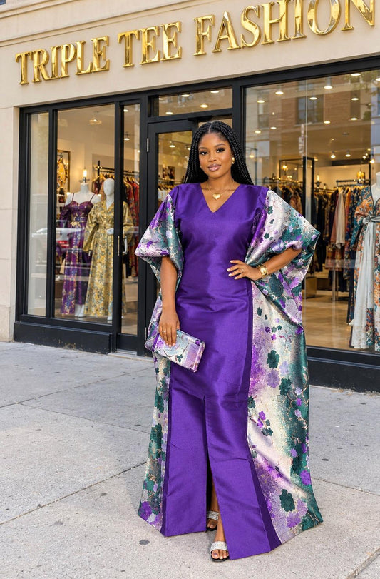 Luxury Purple Mikado Boubou Dress, European Brocade Kaftan, African Maxi Gown, One Size Free Size, Elegant Wedding Guest Dress