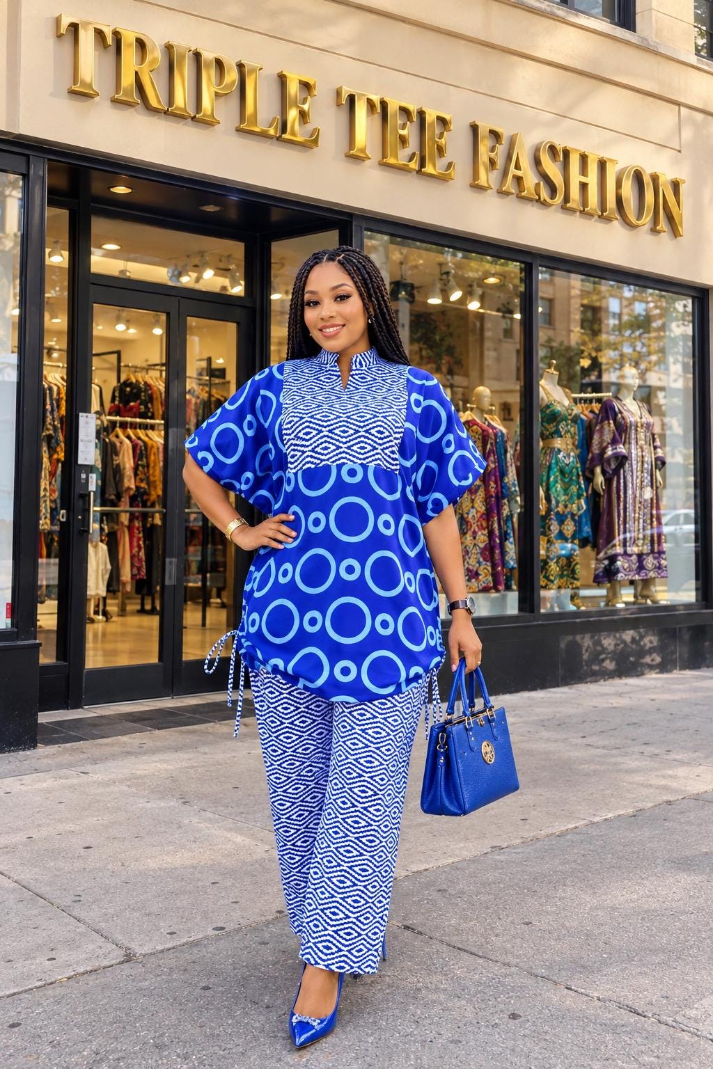 African Ankara Two Piece Set for Women, Blue Print Top and Pants Set, African Clothing, Matching Trouser Outfit, Ankara Pant Set