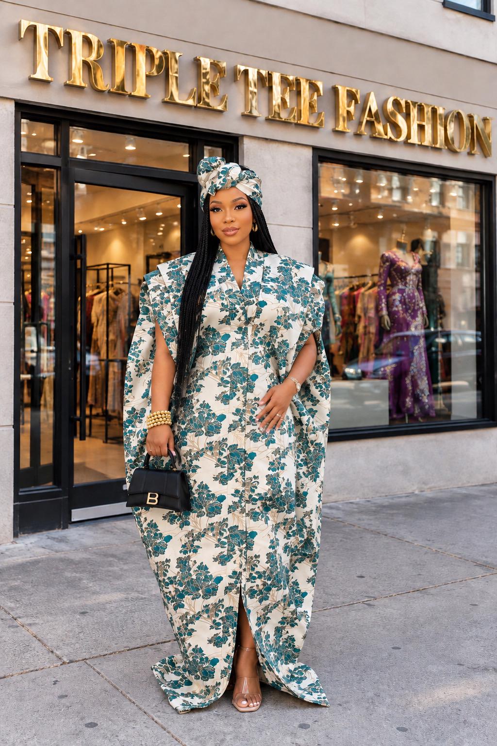 European Brocade Boubou Dress | Ankara Kaftan with Scarf