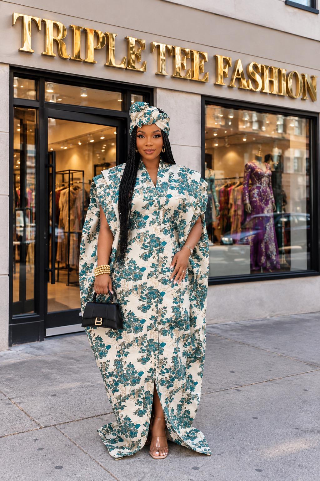 European Brocade Boubou Dress | Ankara Kaftan with Scarf