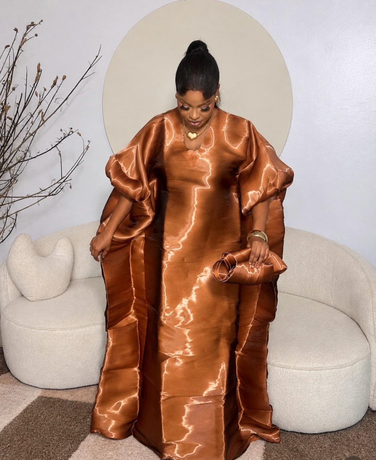 Luxury Brown Liquid Organza Boubou Dress for Women | African Kaftan Maxi Dress | One Size Bubu Gown | Inner Waist Belt
