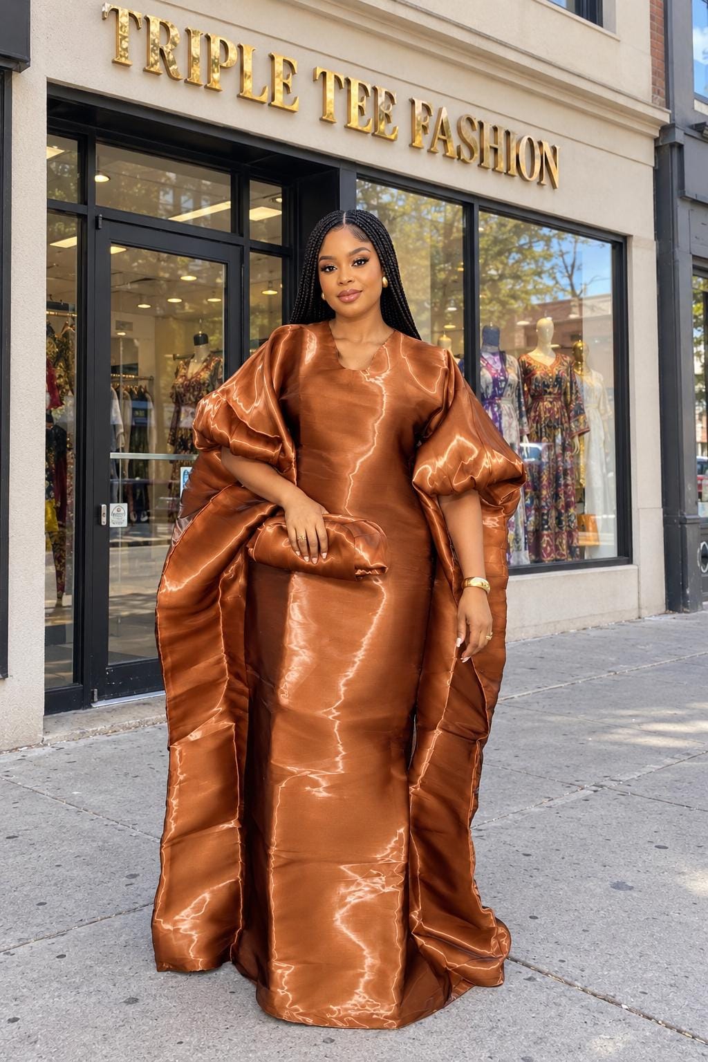 Luxury Brown Liquid Organza Boubou Dress for Women | African Kaftan Maxi Dress | One Size Bubu Gown | Inner Waist Belt