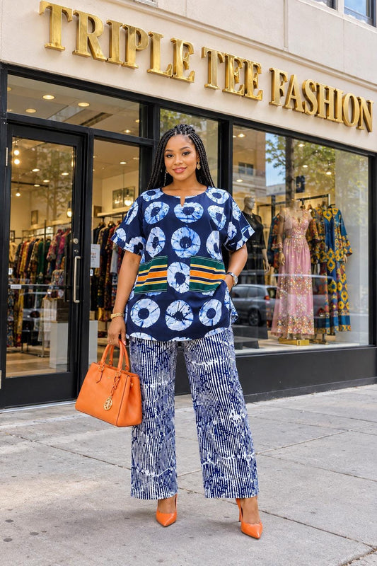 African Ankara Two Piece Set for Women, Aso Oke Long Top & Wide Leg Pants, African Print Pant Set, Plus Size Ankara Outfit, Matching Set
