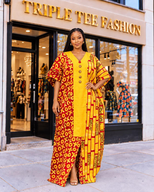 African Ankara Boubou: Aso Oke Embellished Kaftan Dress