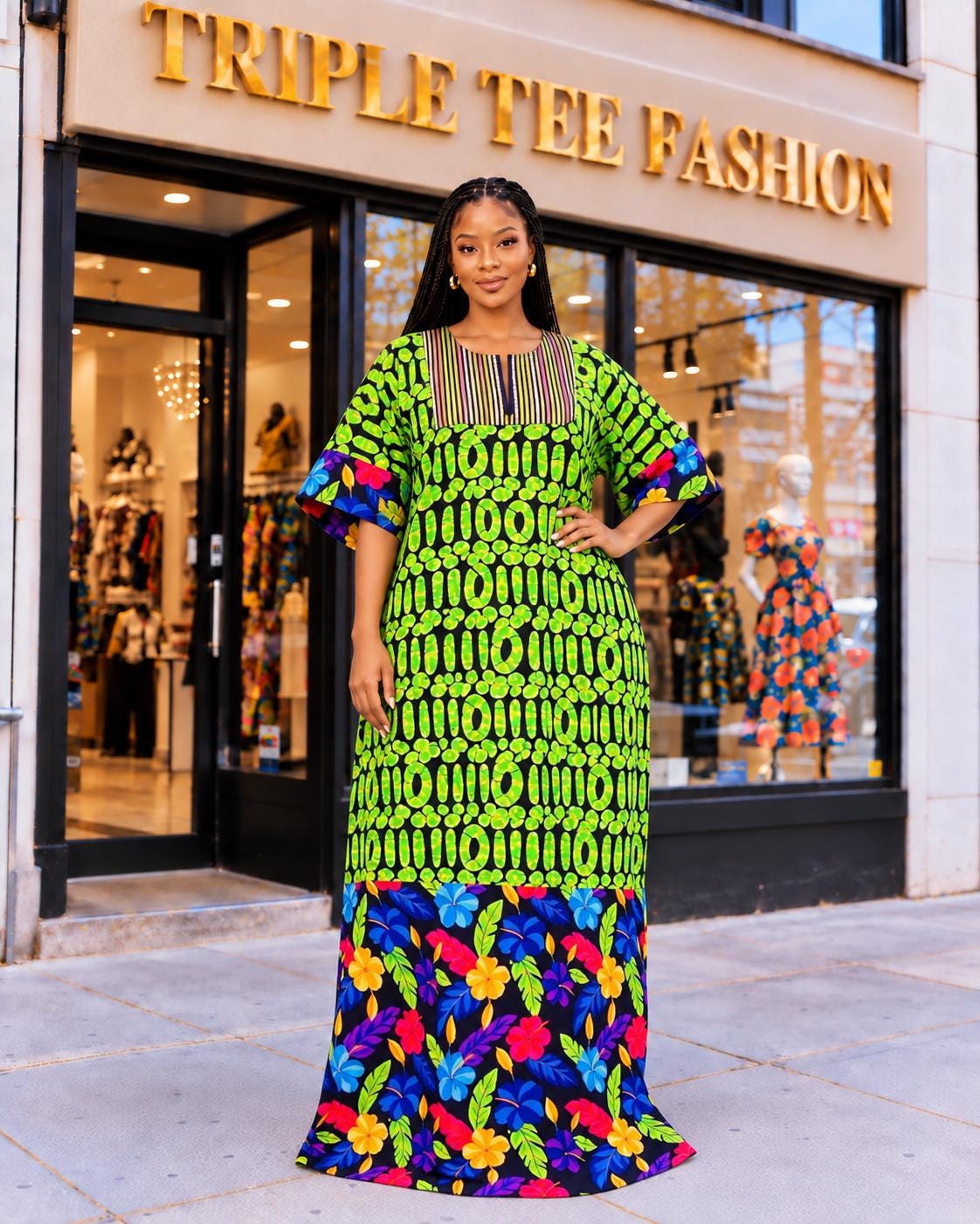 African Ankara Boubou Dress | Aso Oke Details, Modest Kaftan (Fits US 8-22)