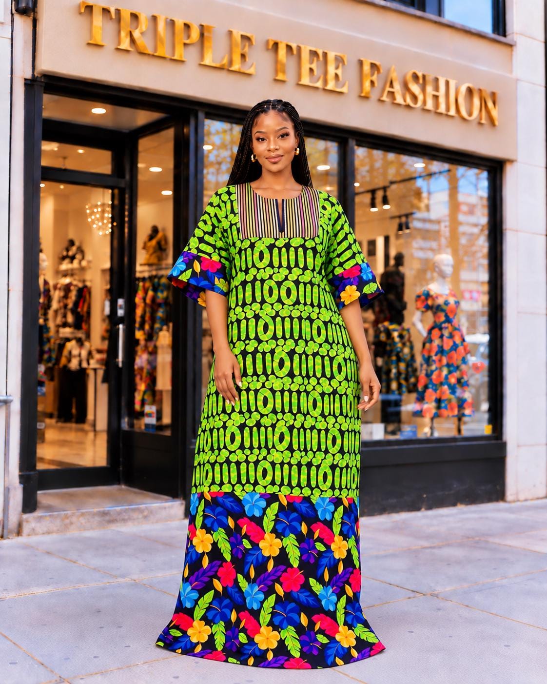 African Ankara Boubou Dress | Aso Oke Details, Modest Kaftan (Fits US 8-22)