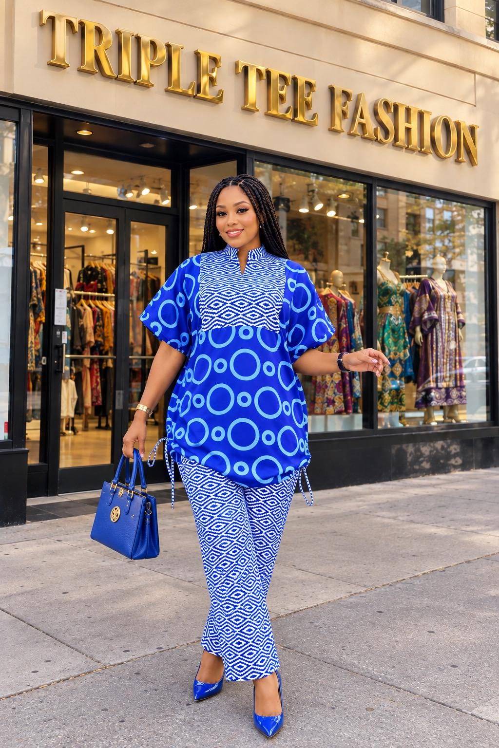 African Ankara Two Piece Set for Women, Blue Print Top and Pants Set, African Clothing, Matching Trouser Outfit, Ankara Pant Set