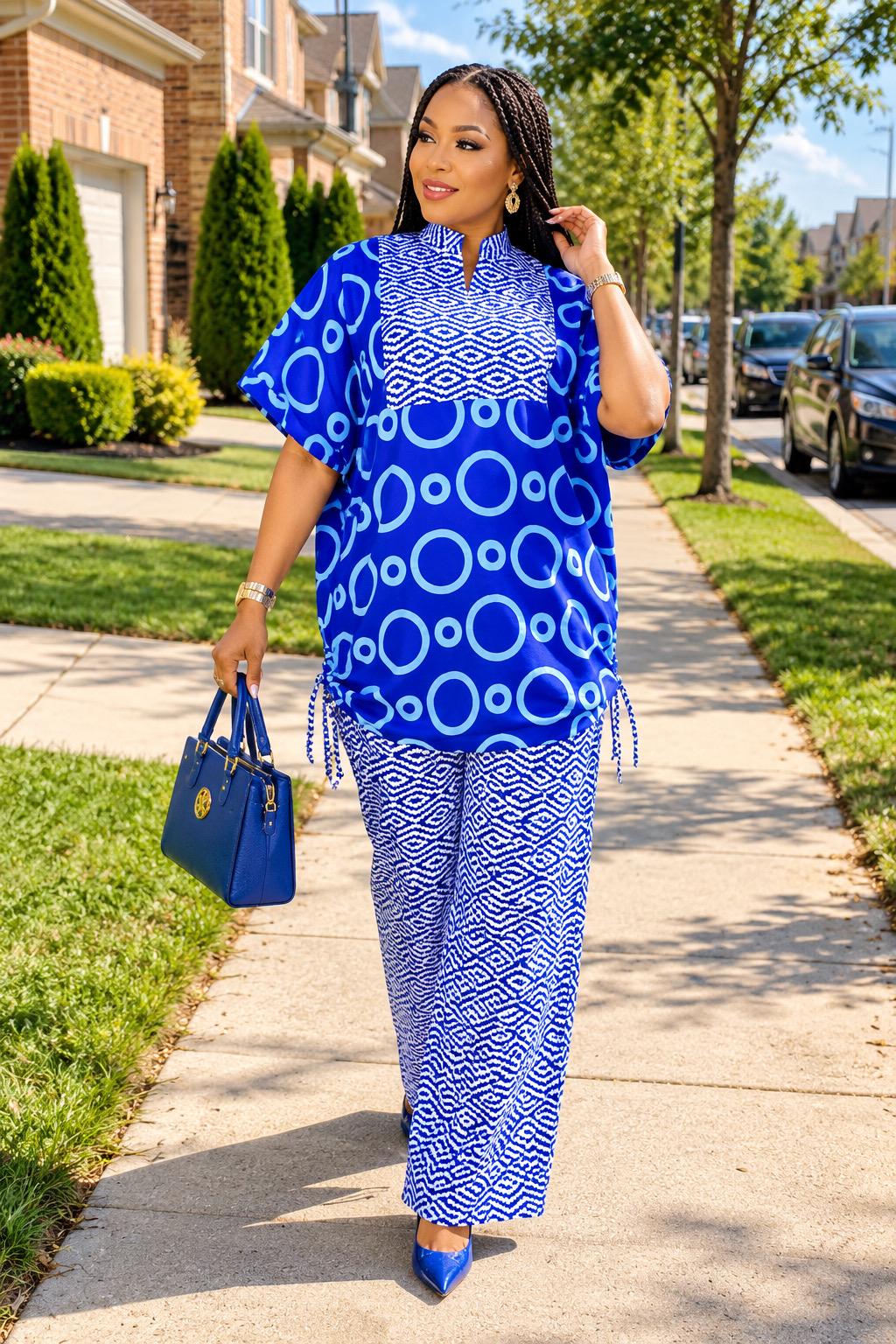 African Ankara Two Piece Set for Women, Blue Print Top and Pants Set, African Clothing, Matching Trouser Outfit, Ankara Pant Set