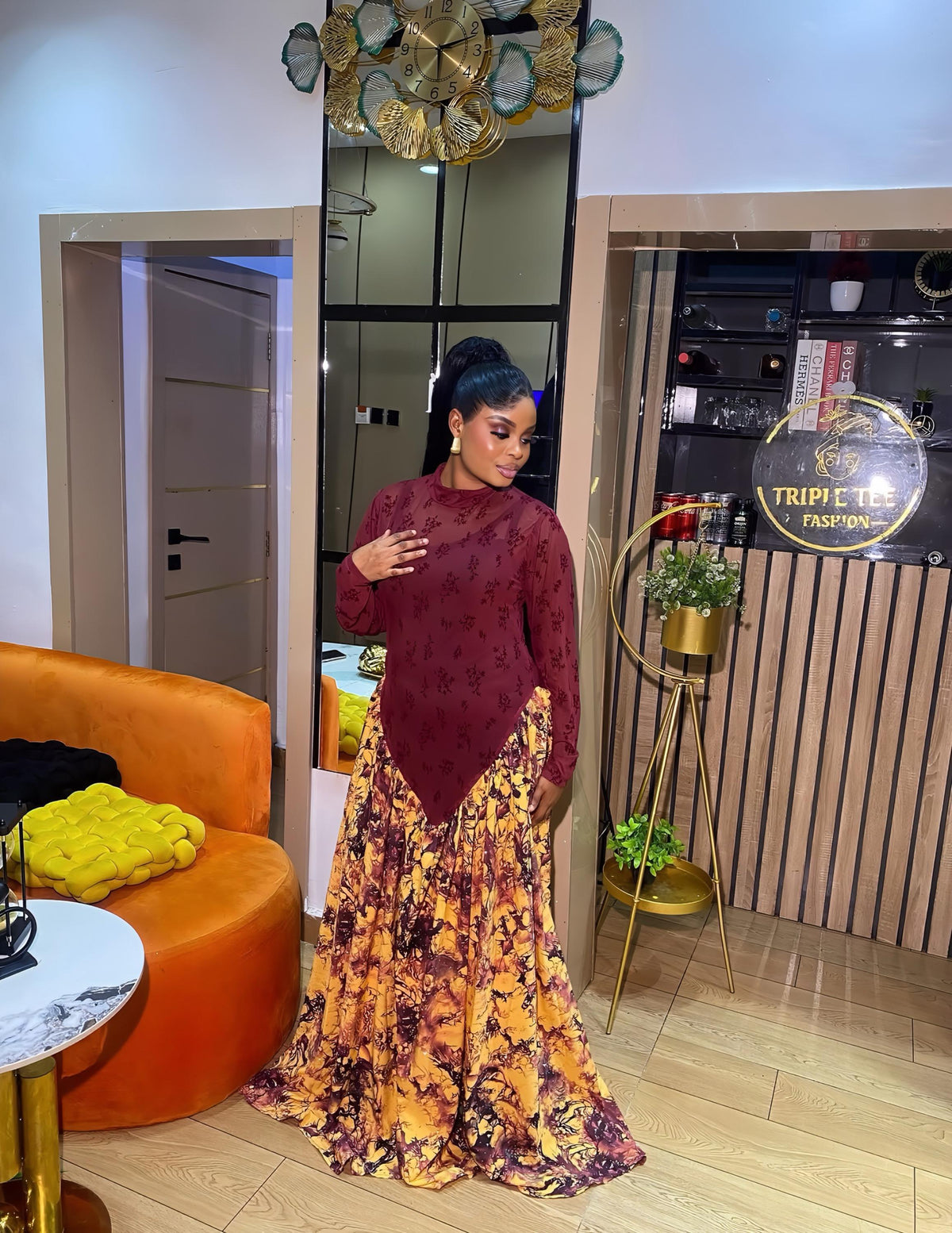 Burgundy Mesh Maxi Dress with Gold Print Stoned Crepe Skirt, Long Sleeve Floor Length Occasion Gown
