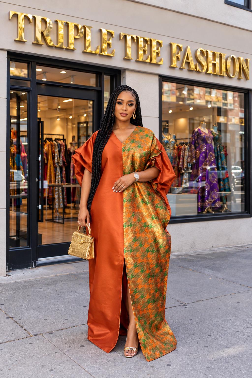 Mikado Brocade Boubou Kaftan | African Maxi Dress with Scarf