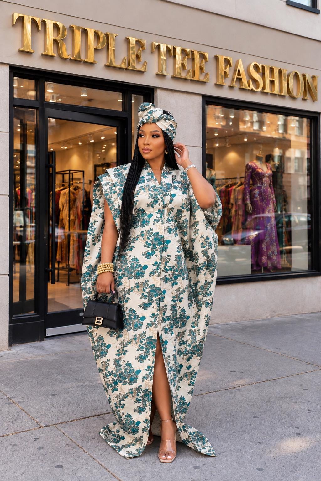European Brocade Boubou Dress | Ankara Kaftan with Scarf