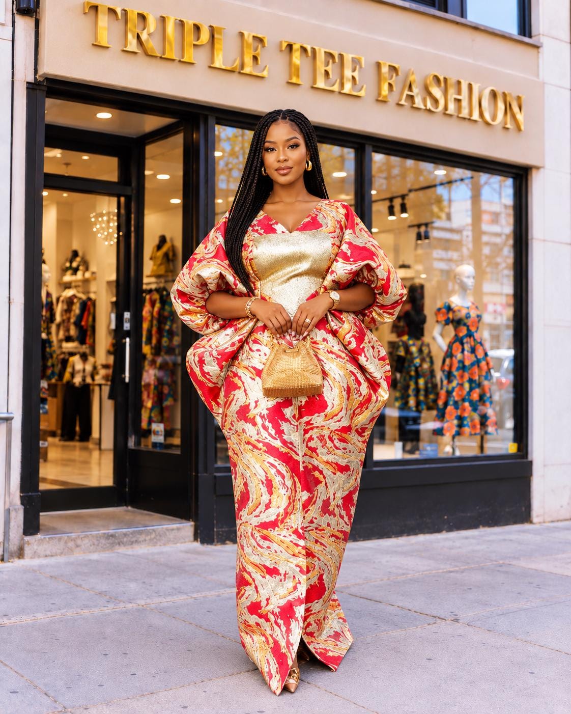 African Brocade Boubou: One Size Kaftan Dress with Scarf
