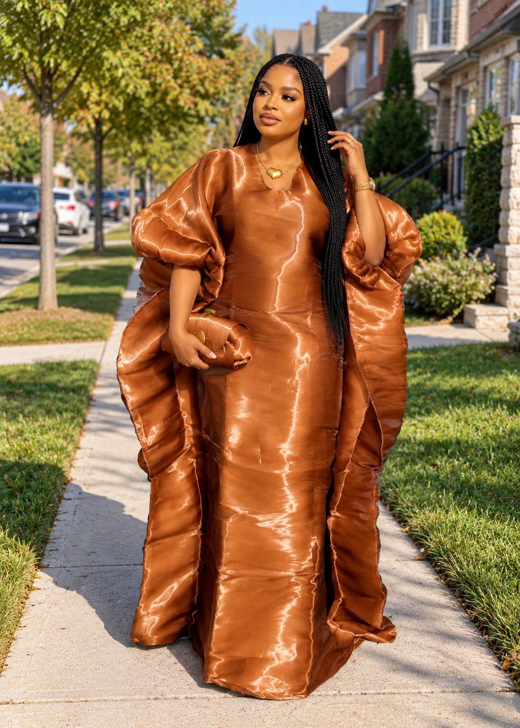 Luxury Brown Liquid Organza Boubou Dress for Women | African Kaftan Maxi Dress | One Size Bubu Gown | Inner Waist Belt
