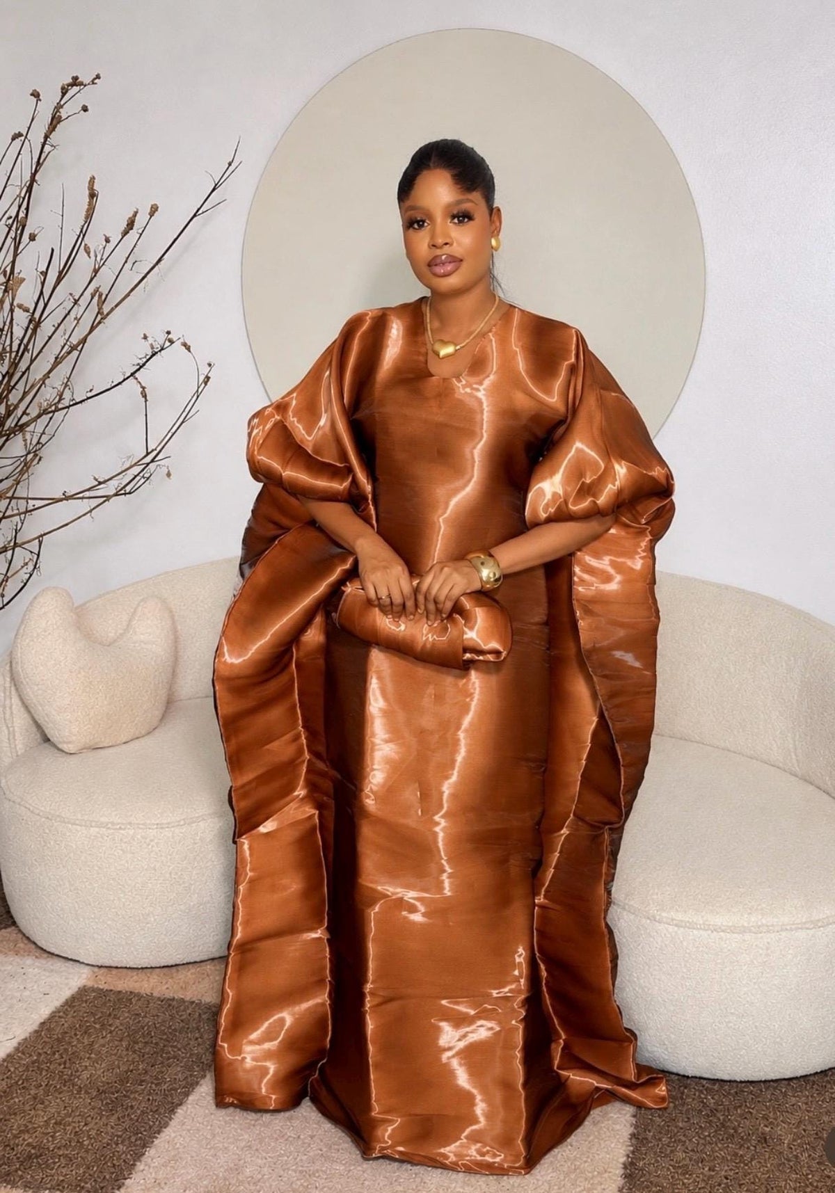 Luxury Brown Liquid Organza Boubou Dress for Women | African Kaftan Maxi Dress | One Size Bubu Gown | Inner Waist Belt