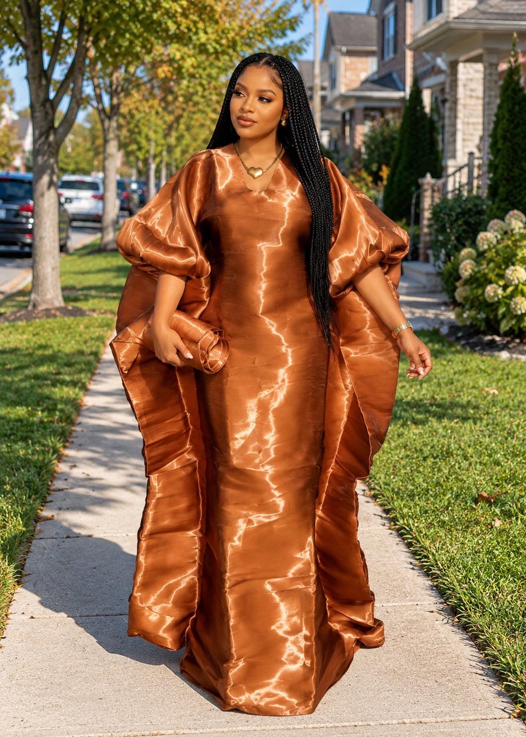 Luxury Brown Liquid Organza Boubou Dress for Women | African Kaftan Maxi Dress | One Size Bubu Gown | Inner Waist Belt