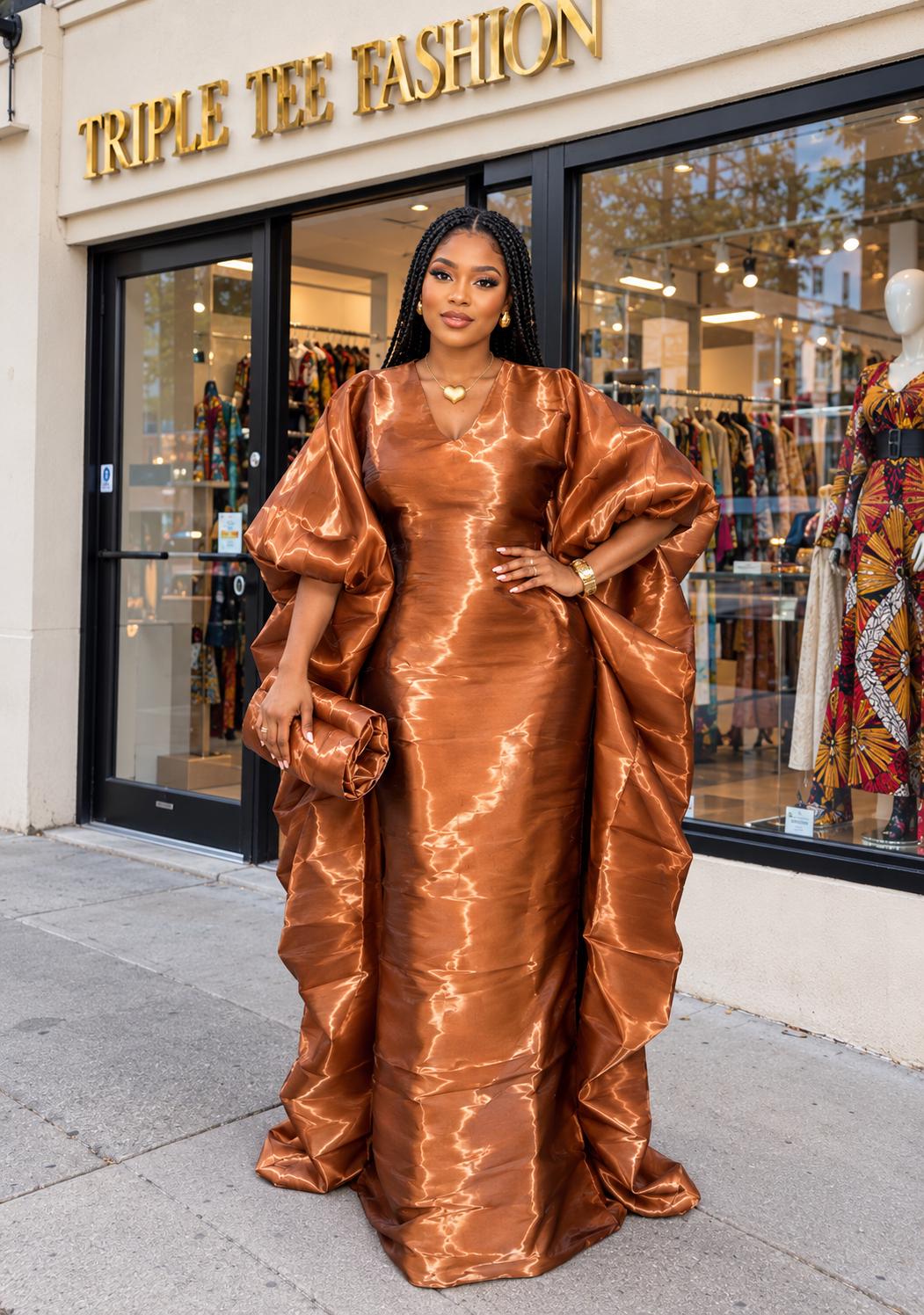Luxury Brown Liquid Organza Boubou Dress for Women | African Kaftan Maxi Dress | One Size Bubu Gown | Inner Waist Belt