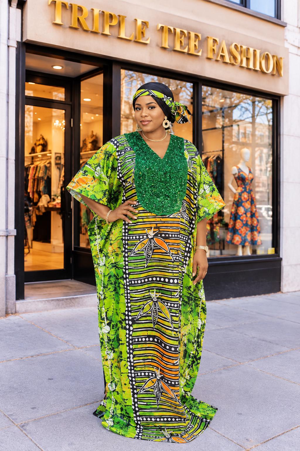 African Print Kampala Kaftan: Adire Sequin Boubou Dress
