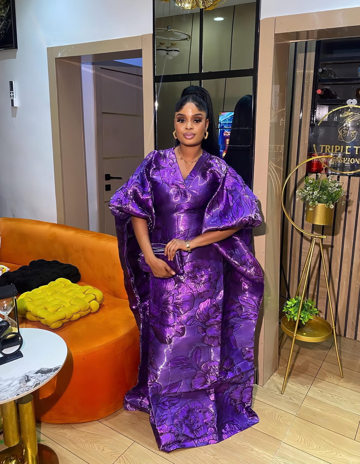 Luxury Purple Iridescent Brocade Boubou Dress, African Kaftan Maxi Gown, Elegant Wedding Guest Dress, Free Size