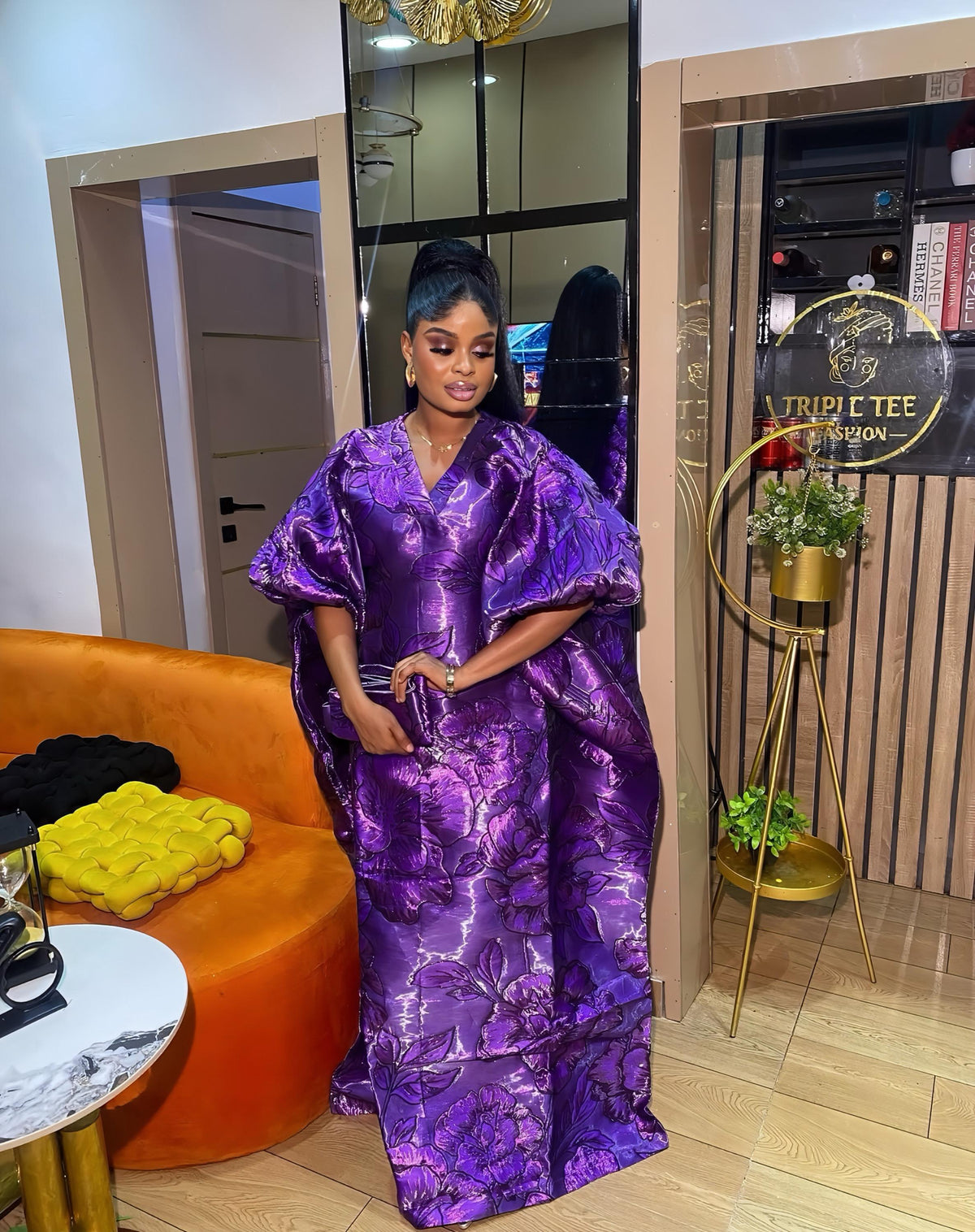 Luxury Purple Iridescent Brocade Boubou Dress, African Kaftan Maxi Gown, Elegant Wedding Guest Dress, Free Size