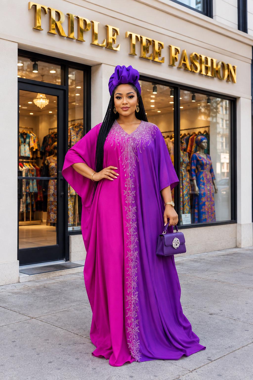 Duchess Silk Boubou | Crystal Patterned African Kaftan with Turban