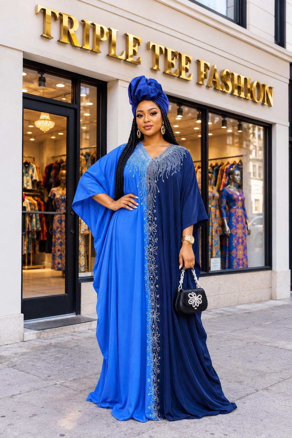 Duchess Silk Boubou | Crystal Patterned African Kaftan with Turban