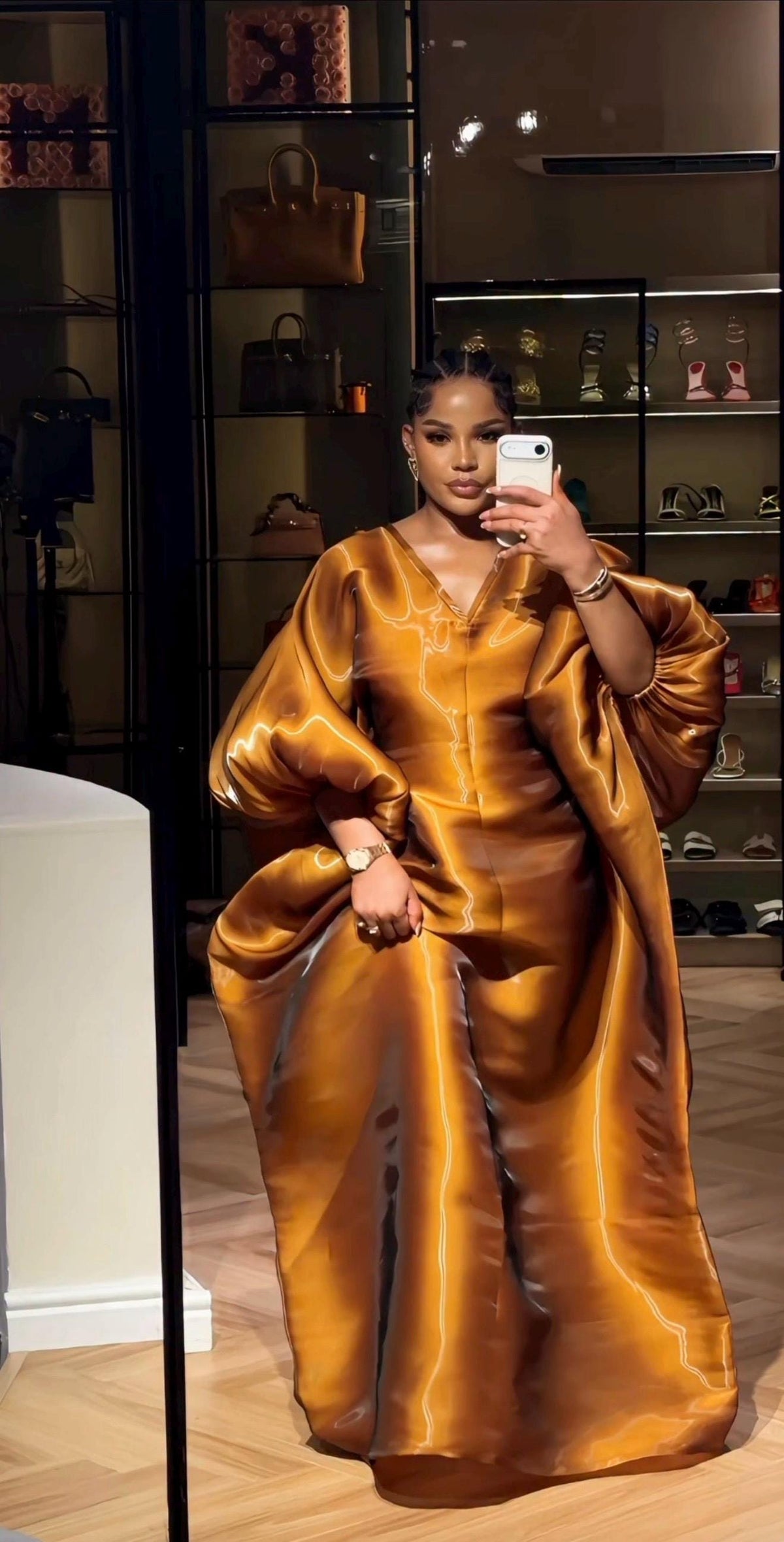 Luxury Golden Bronze Liquid Organza Boubou – Oversized African Kaftan, Elegant Wedding Guest Dress, Statement Maxi Gown