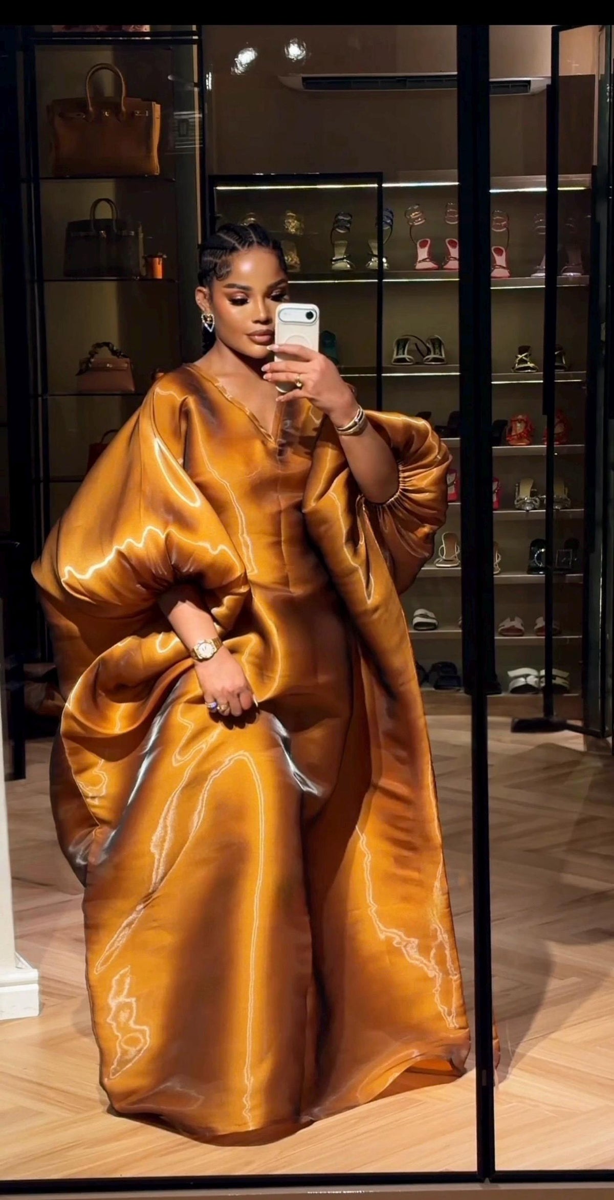 Luxury Golden Bronze Liquid Organza Boubou – Oversized African Kaftan, Elegant Wedding Guest Dress, Statement Maxi Gown