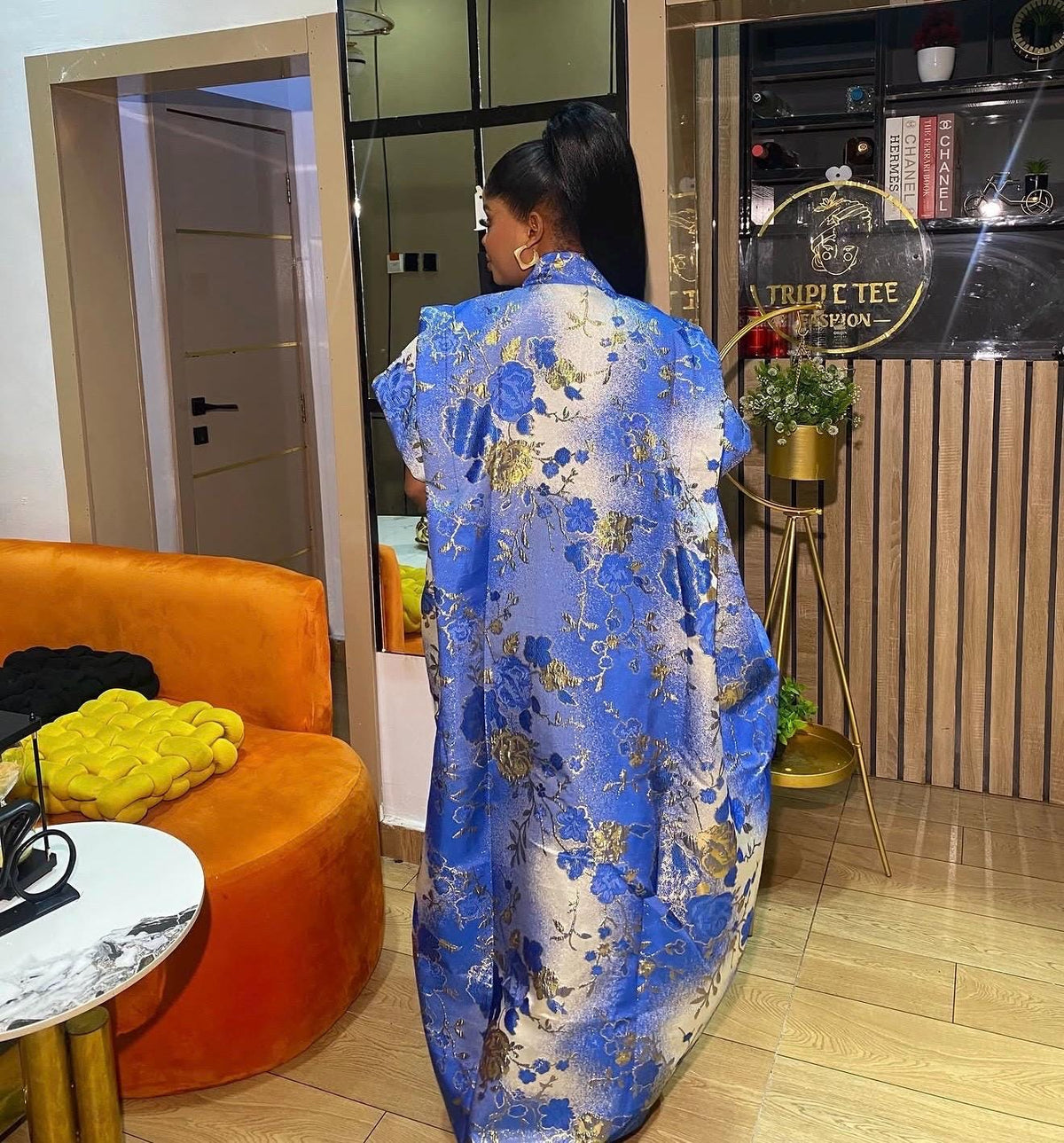 Luxury Royal Blue European Brocade Boubou Dress, Elegant African Kaftan, Gold Floral Maxi Gown, Wedding Guest Outfit, Plus Size US 4–20