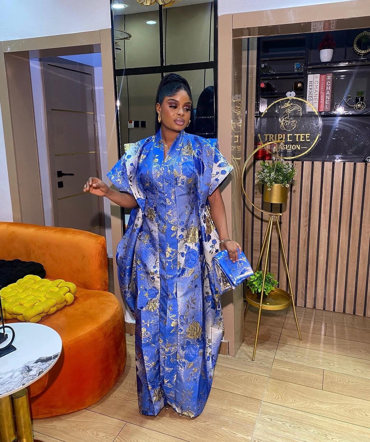 Luxury Royal Blue European Brocade Boubou Dress, Elegant African Kaftan, Gold Floral Maxi Gown, Wedding Guest Outfit, Plus Size US 4–20