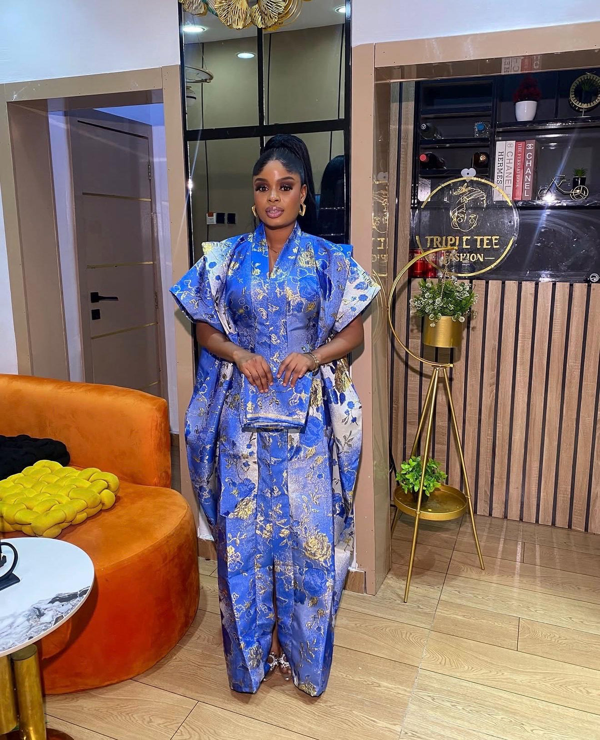 Luxury Royal Blue European Brocade Boubou Dress, Elegant African Kaftan, Gold Floral Maxi Gown, Wedding Guest Outfit, Plus Size US 4–20