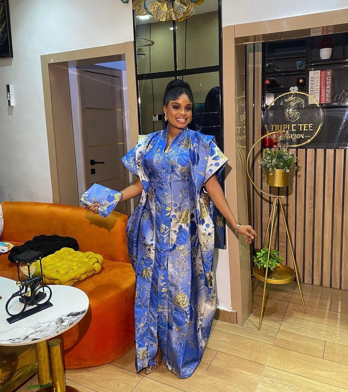 Luxury Royal Blue European Brocade Boubou Dress, Elegant African Kaftan, Gold Floral Maxi Gown, Wedding Guest Outfit, Plus Size US 4–20