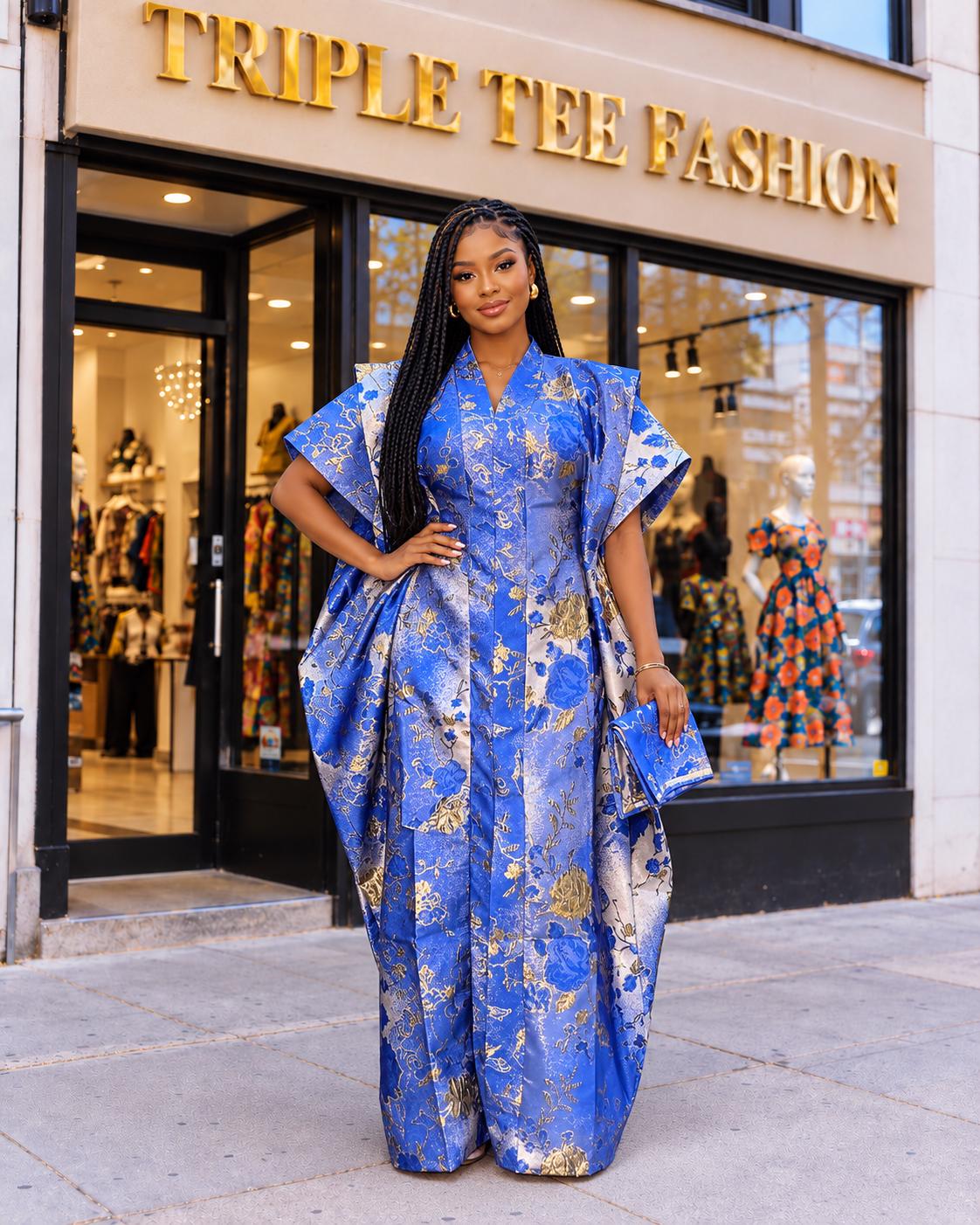 Luxury Royal Blue European Brocade Boubou Dress, Elegant African Kaftan, Gold Floral Maxi Gown, Wedding Guest Outfit, Plus Size US 4–20