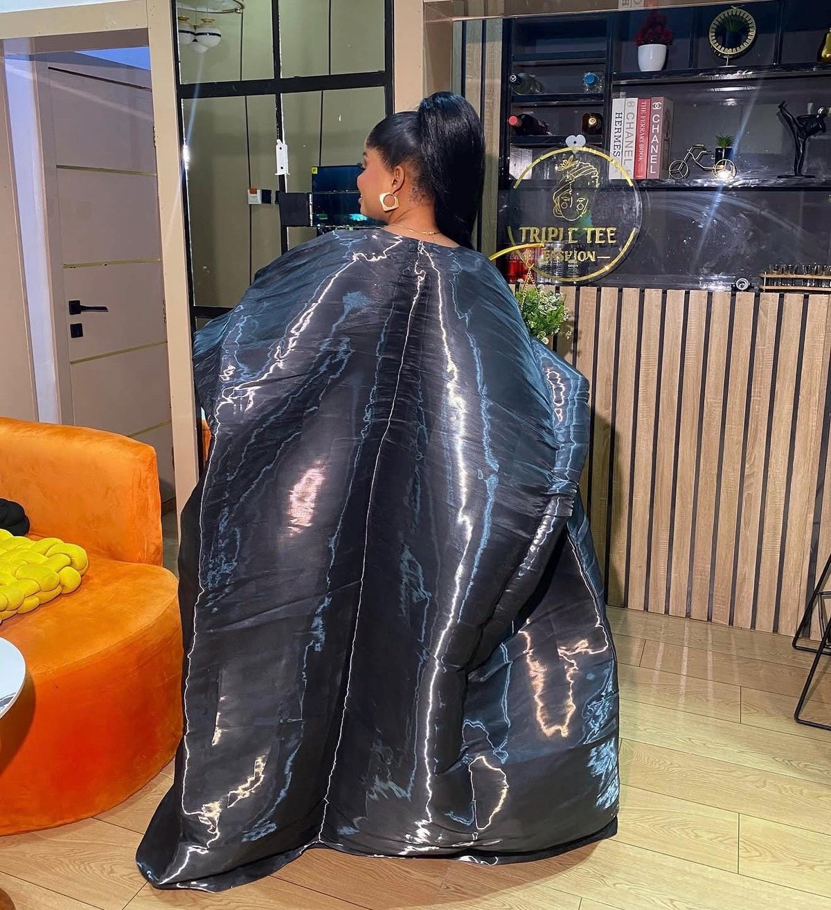 Black Liquid Organza Boubou Dress, Luxury African Kaftan Maxi Gown, Oversized Bubu Dress, One Size with Inner Waist Belt