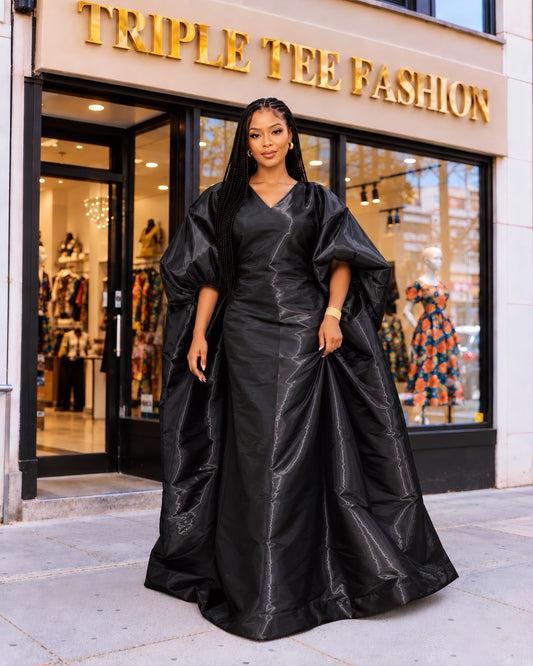 Black Liquid Organza Boubou Dress, Luxury African Kaftan Maxi Gown, Oversized Bubu Dress, One Size with Inner Waist Belt