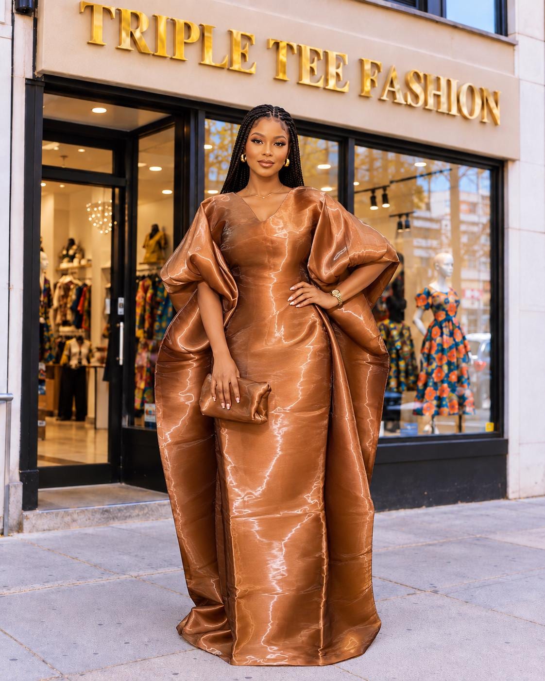 Luxury Brown Liquid Organza Boubou Dress for Women | African Kaftan Maxi Dress | One Size Bubu Gown | Inner Waist Belt