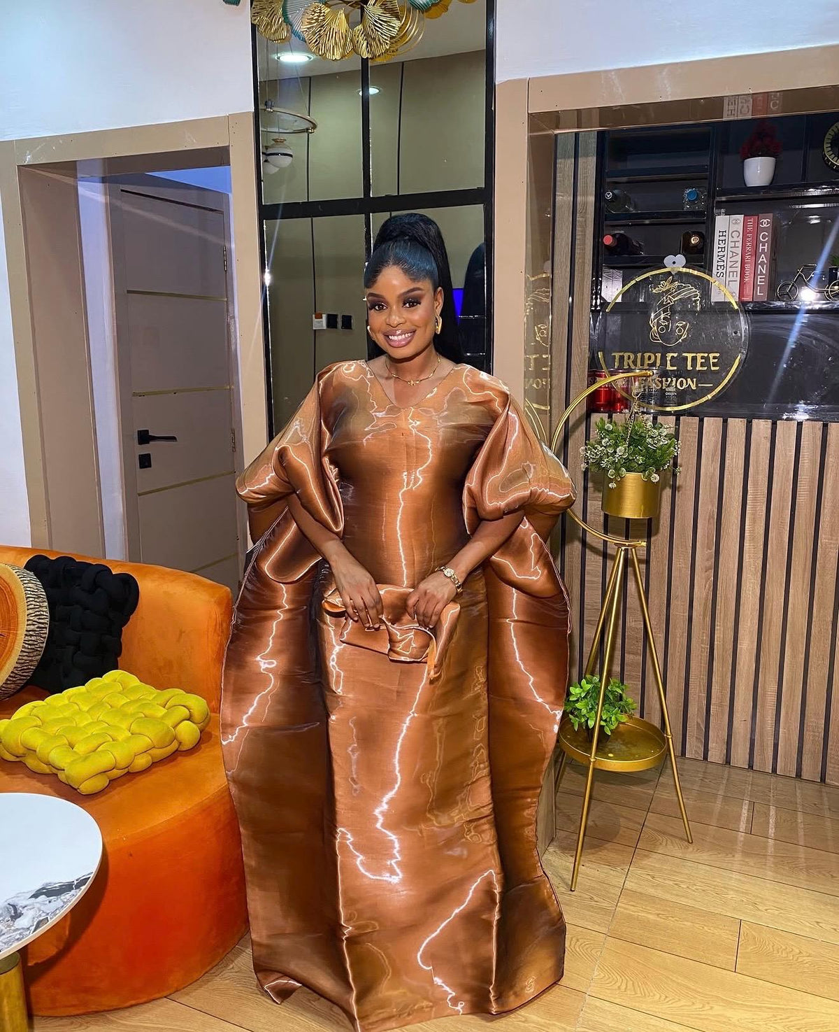 Luxury Brown Liquid Organza Boubou Dress for Women | African Kaftan Maxi Dress | One Size Bubu Gown | Inner Waist Belt