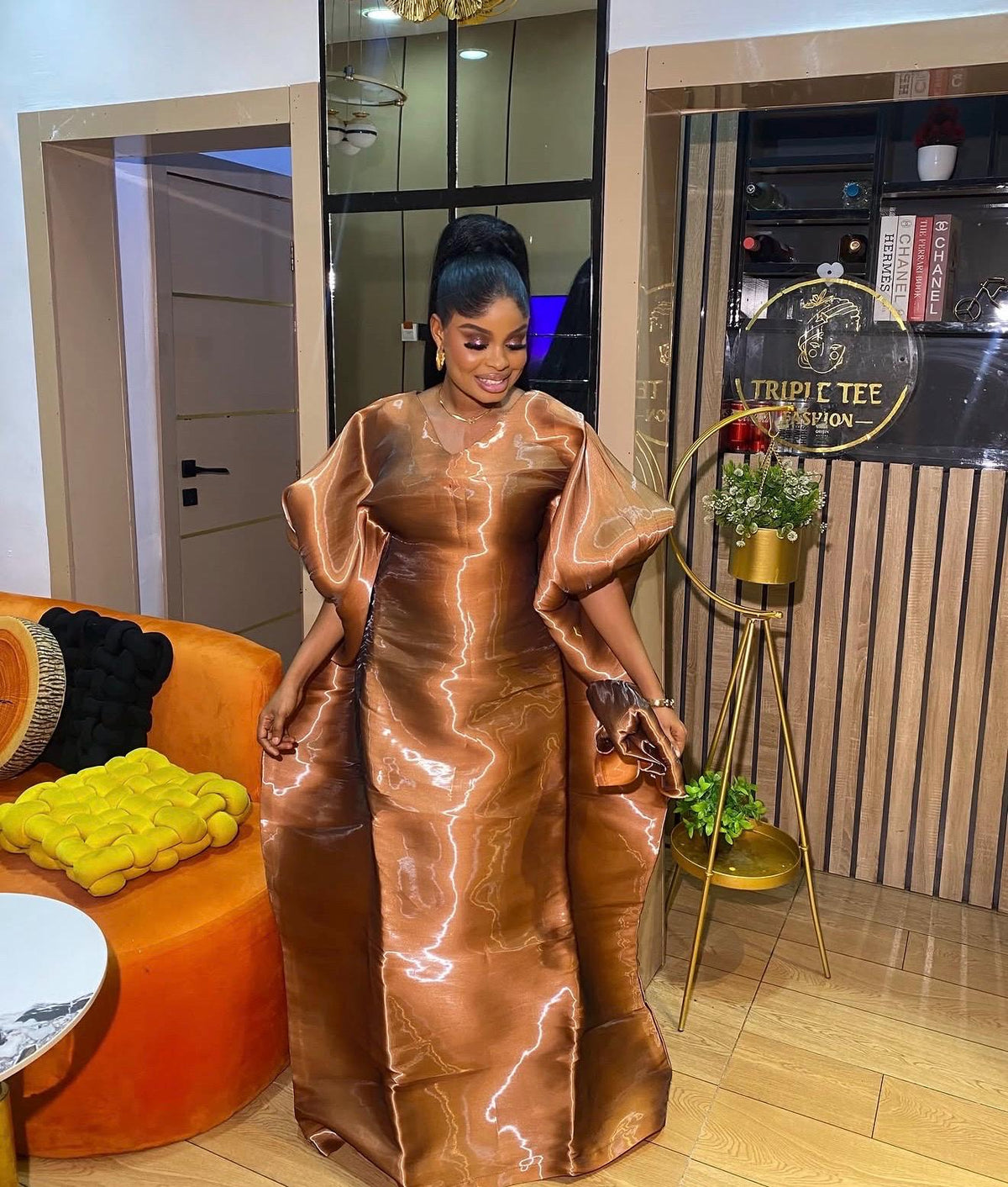 Luxury Brown Liquid Organza Boubou Dress for Women | African Kaftan Maxi Dress | One Size Bubu Gown | Inner Waist Belt