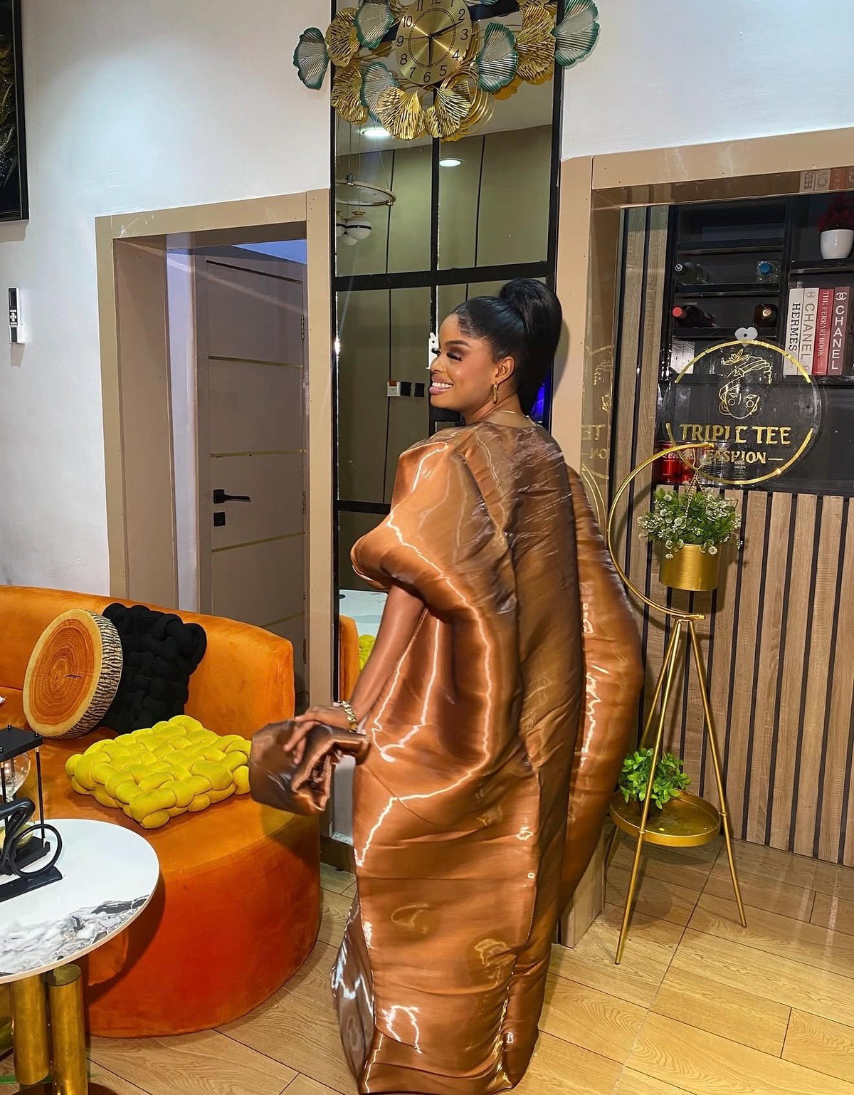 Luxury Brown Liquid Organza Boubou Dress for Women | African Kaftan Maxi Dress | One Size Bubu Gown | Inner Waist Belt