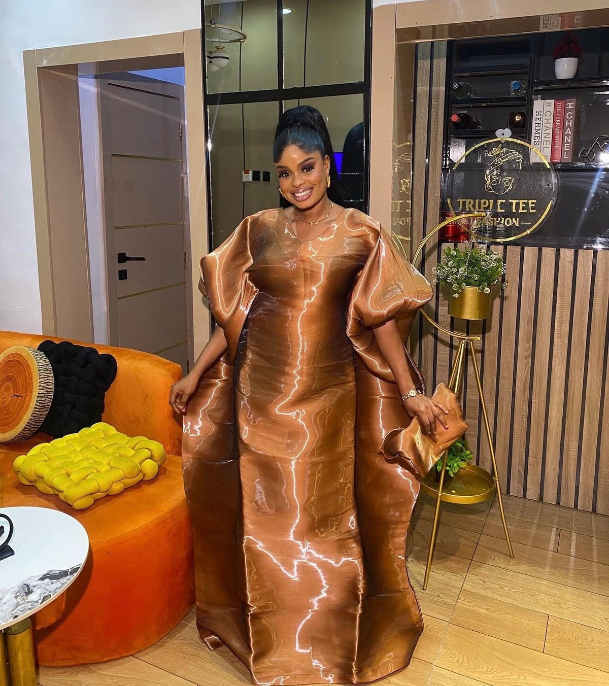 Luxury Brown Liquid Organza Boubou Dress for Women | African Kaftan Maxi Dress | One Size Bubu Gown | Inner Waist Belt