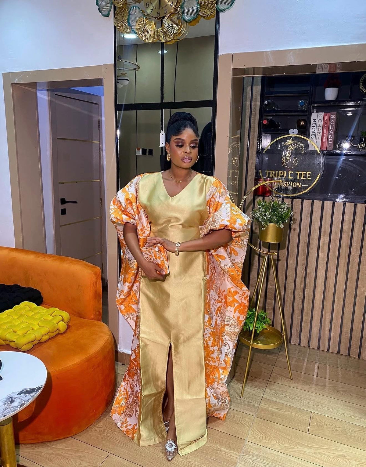 Elegant Gold & Orange African Boubou Dress – Luxury Statement Kaftan Gown-Elegant Wedding Guest Dress