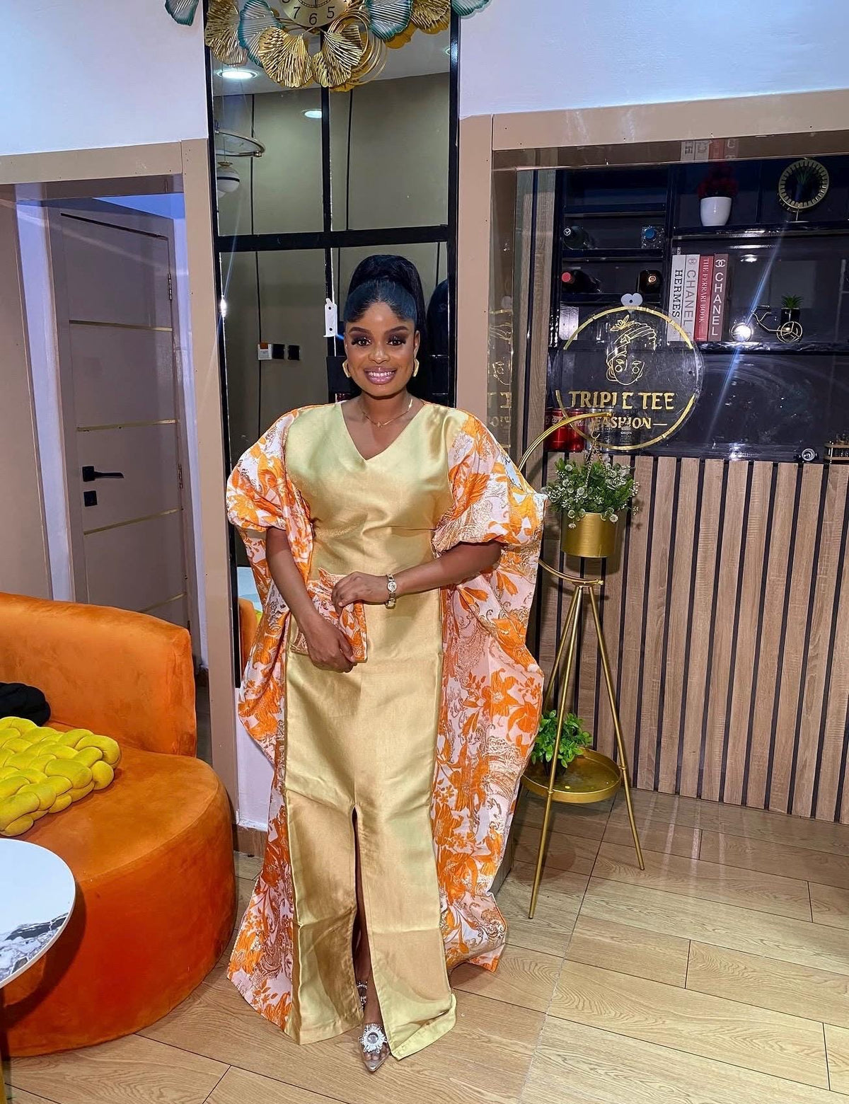 Elegant Gold & Orange African Boubou Dress – Luxury Statement Kaftan Gown-Elegant Wedding Guest Dress
