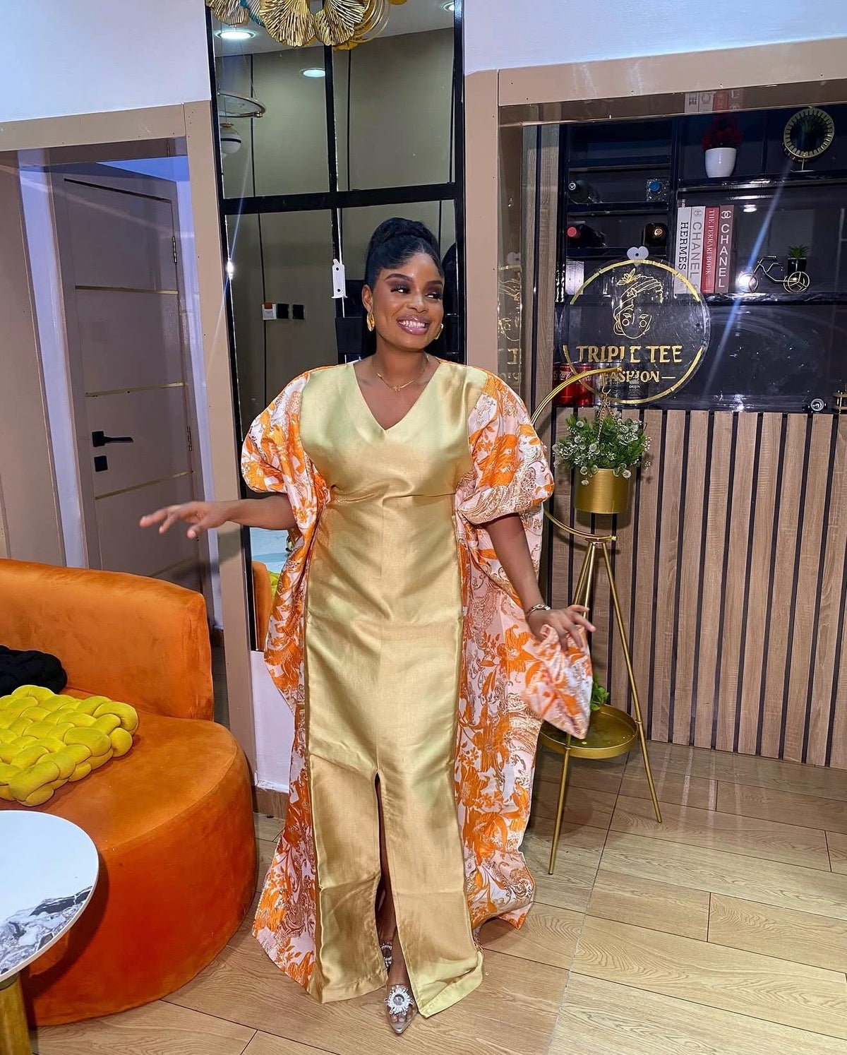 Elegant Gold & Orange African Boubou Dress – Luxury Statement Kaftan Gown-Elegant Wedding Guest Dress