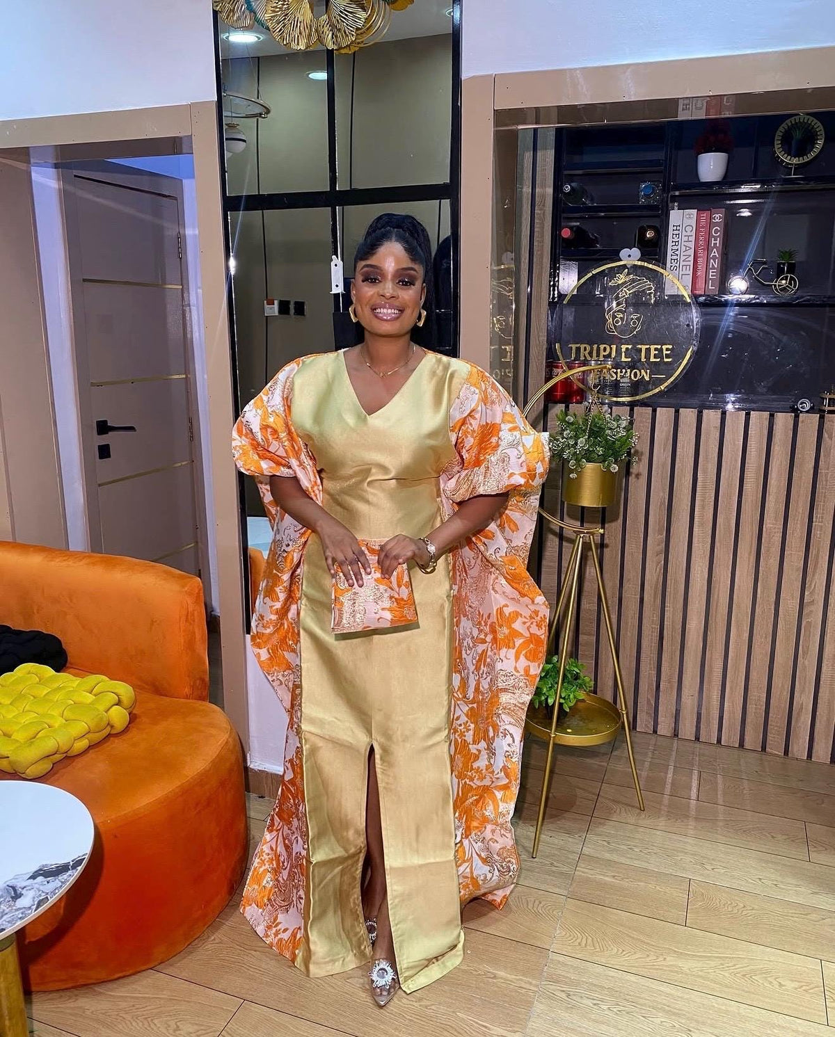 Elegant Gold & Orange African Boubou Dress – Luxury Statement Kaftan Gown-Elegant Wedding Guest Dress